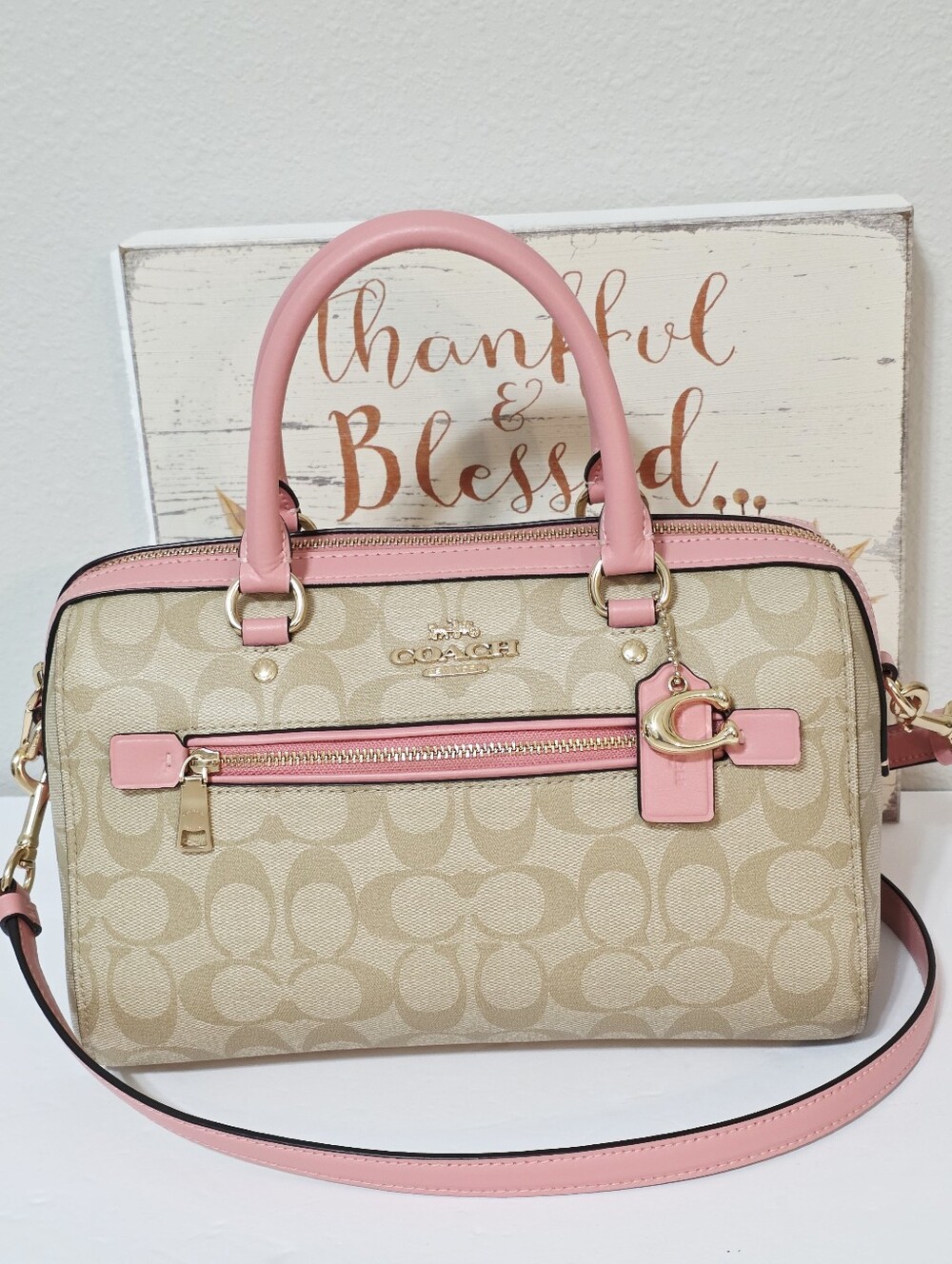 Coach ROWAN Medium Satchel Light Khaki Pink Bubblegum Crossbody Bag 83607